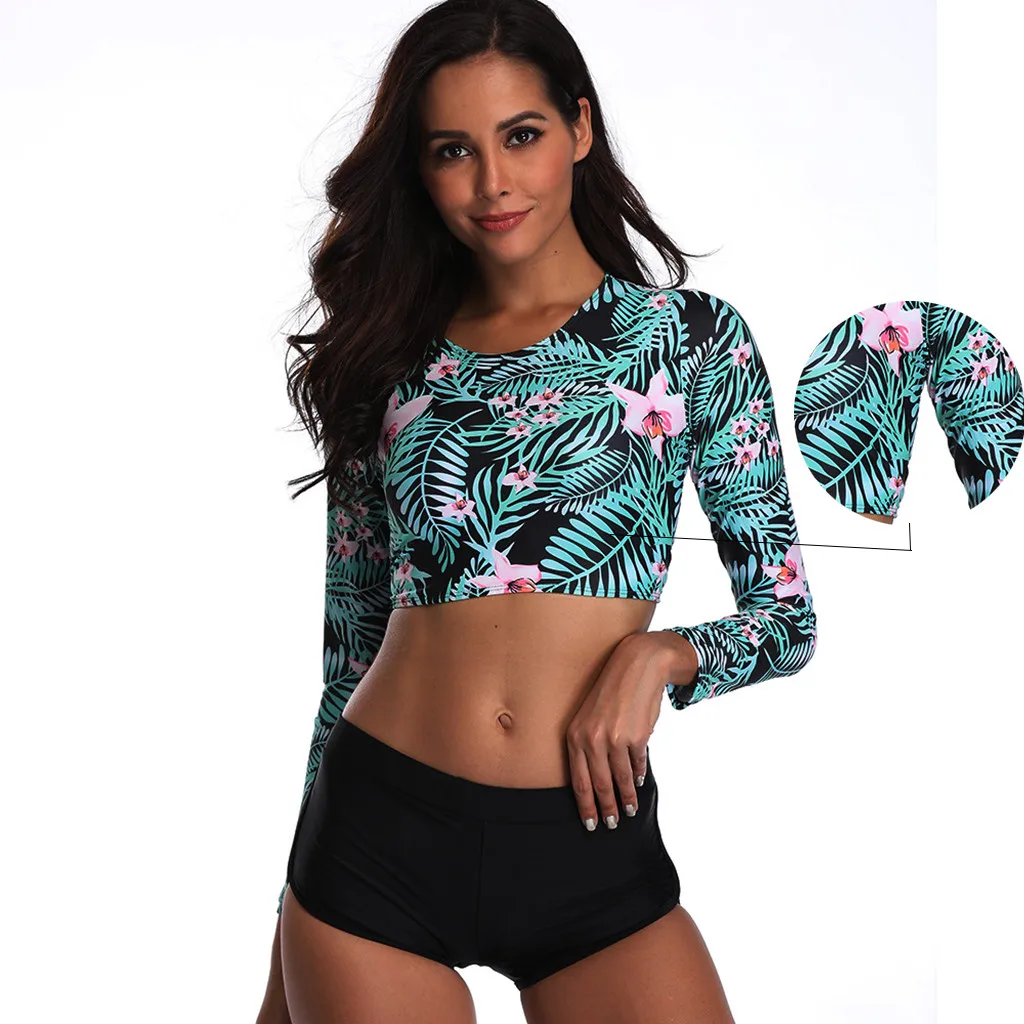 Купальник SAGACE с цветочным принтом короткий топ длинным рукавом и шорты комплект