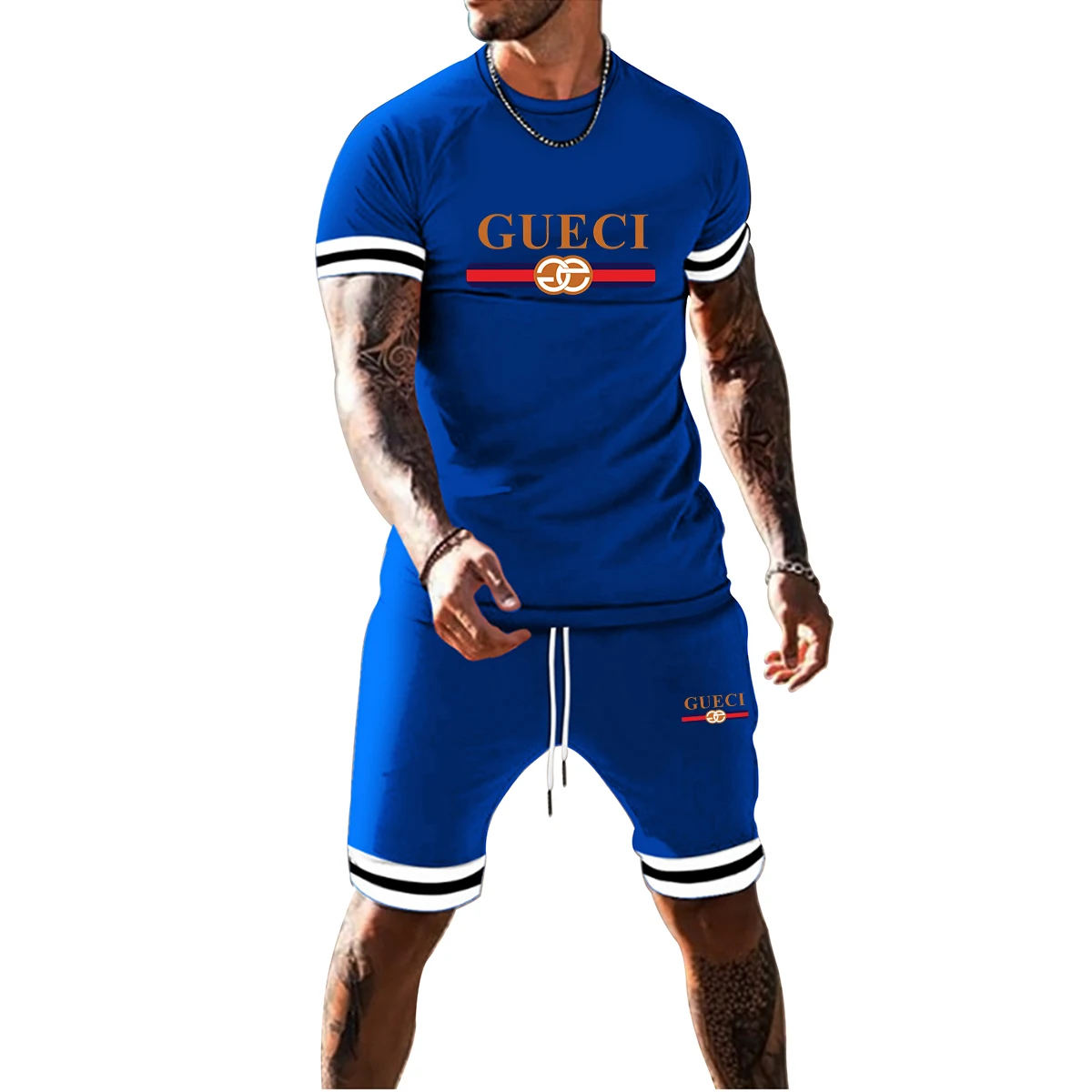 

2021 Summer New Product GC Letter Printing Casual Running Men's Suit Short-Sleeved T-Shirt+Sports Shorts European Size 2-Pce Set