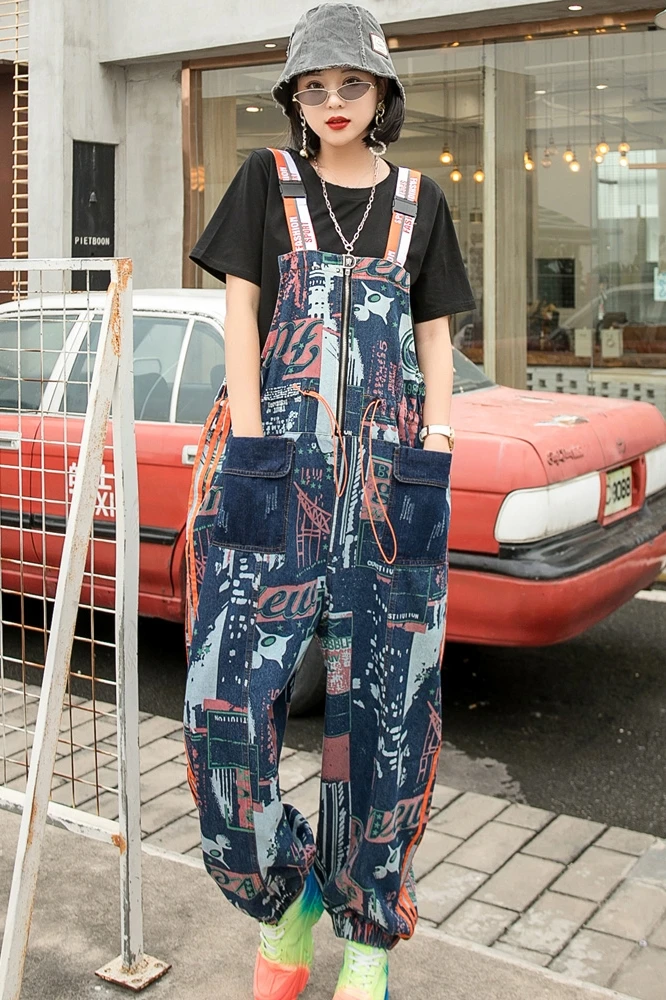 

QING MO Loose Fit Women Denim Suspenders Pants 2021 Women Fashionabel Pants Women Adjustable Waist Pants ZQY7123