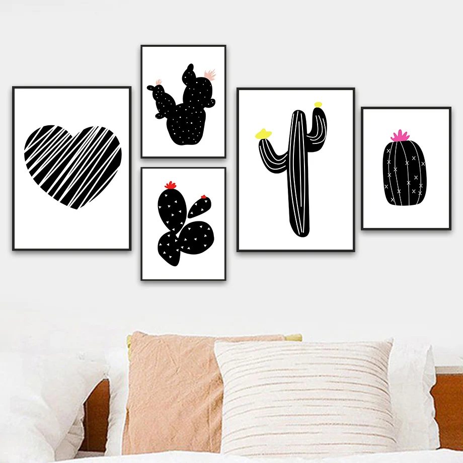 

Black White Line Heart Crab Coral Cactus Wall Art Canvas Painting Nordic Posters And Prints Wall Pictures For Living Room Decor