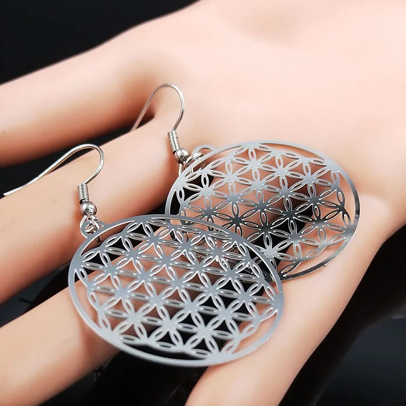 Flower of Life Stainless Steel Dangle Earrings Women Silver Color Earring Jewelry joyas de acero inoxidable para mujer E1534S02 | Украшения