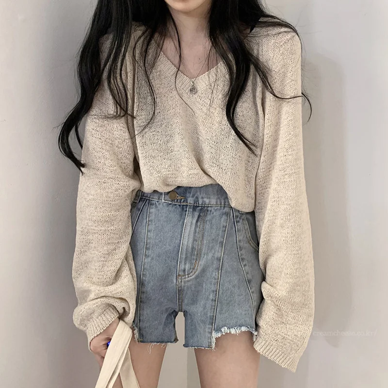 

Корейский стиль, модные женские однотонные топы с V-образным вырезом в стиле ретро, повседневная женская Свободная верхняя одежда с длинным ...