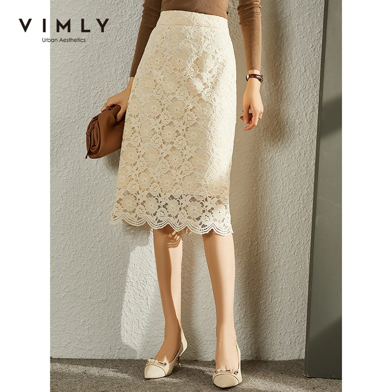 Осенняя юбка Vimly для женщин новинка 2021 корейские однотонные кружевные миди-юбки с