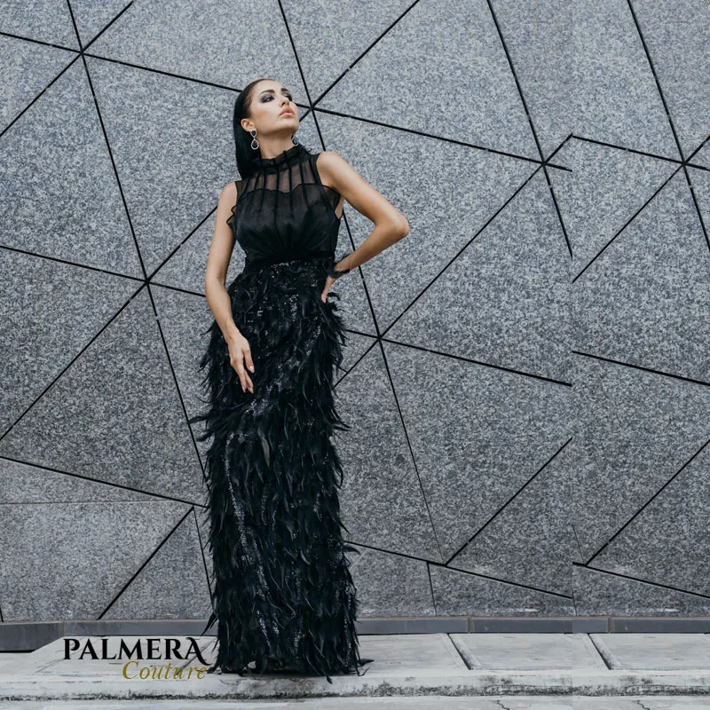 Palmera Couture без рукавов платье украшенное перьями и блестками длина до пола