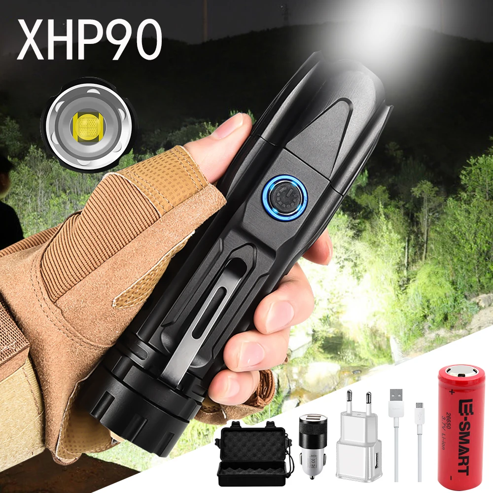 

Суперъяркий светодиодный фонарик XHP90, тактический высокомощный водонепроницаемый фонарь с зарядкой от usb и зумом, с нижним наконечником, 16000...