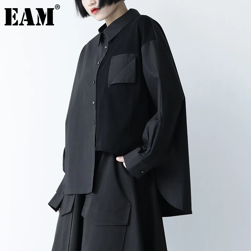 

[EAM] Женская Черная Асимметричная блузка большого размера, новая свободная рубашка с отворотом и длинным рукавом, модная весенне-осенняя 2022 ...