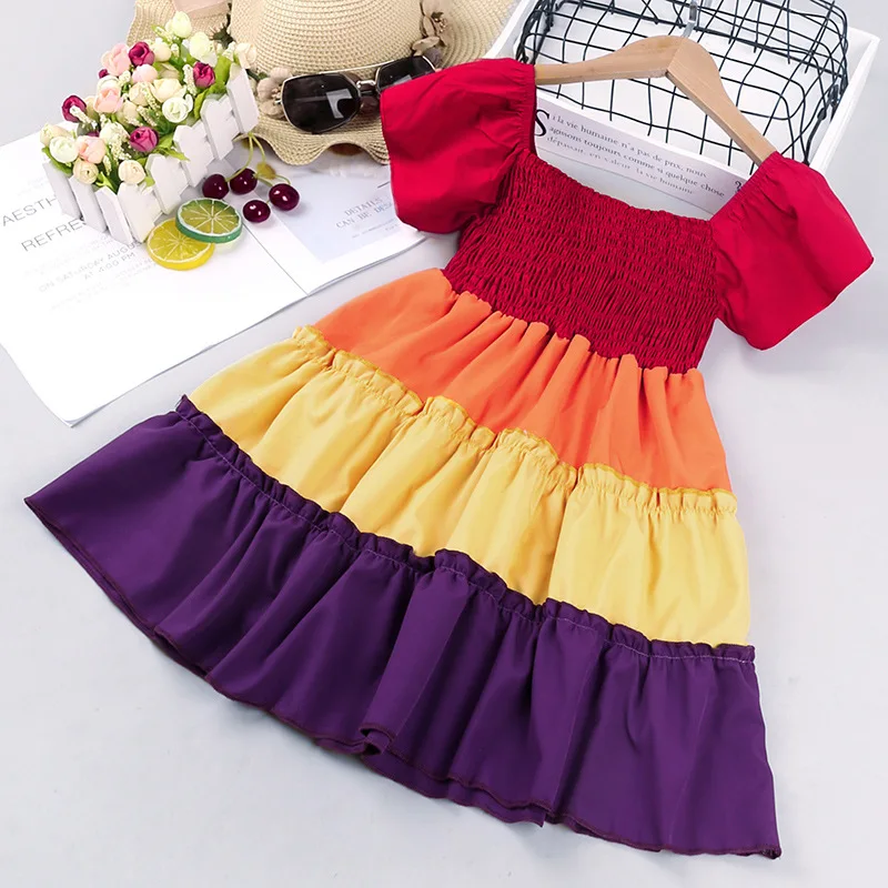 

Cute Summer Kids Princess Hit Color Rainbow Toddler Girls Casual Clothing Short Sleeve A-Line Dresses