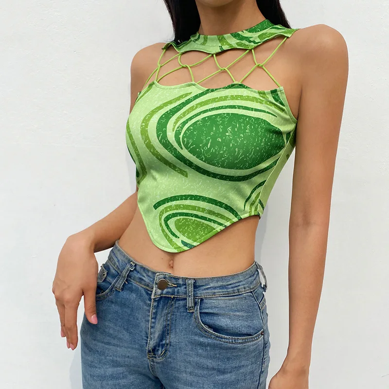 

YICIYA Bandage hollow retro green women sexy crop top vest vest summer 2021 women mini top women clothes sleeveless tops kawaii