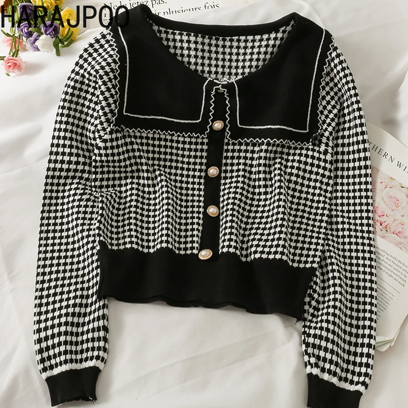 

Женский трикотажный свитер Harajpoo, осенняя одежда в клетку с длинным рукавом, контрастный стежок, кукольный воротник, пуговицы, повседневные ...