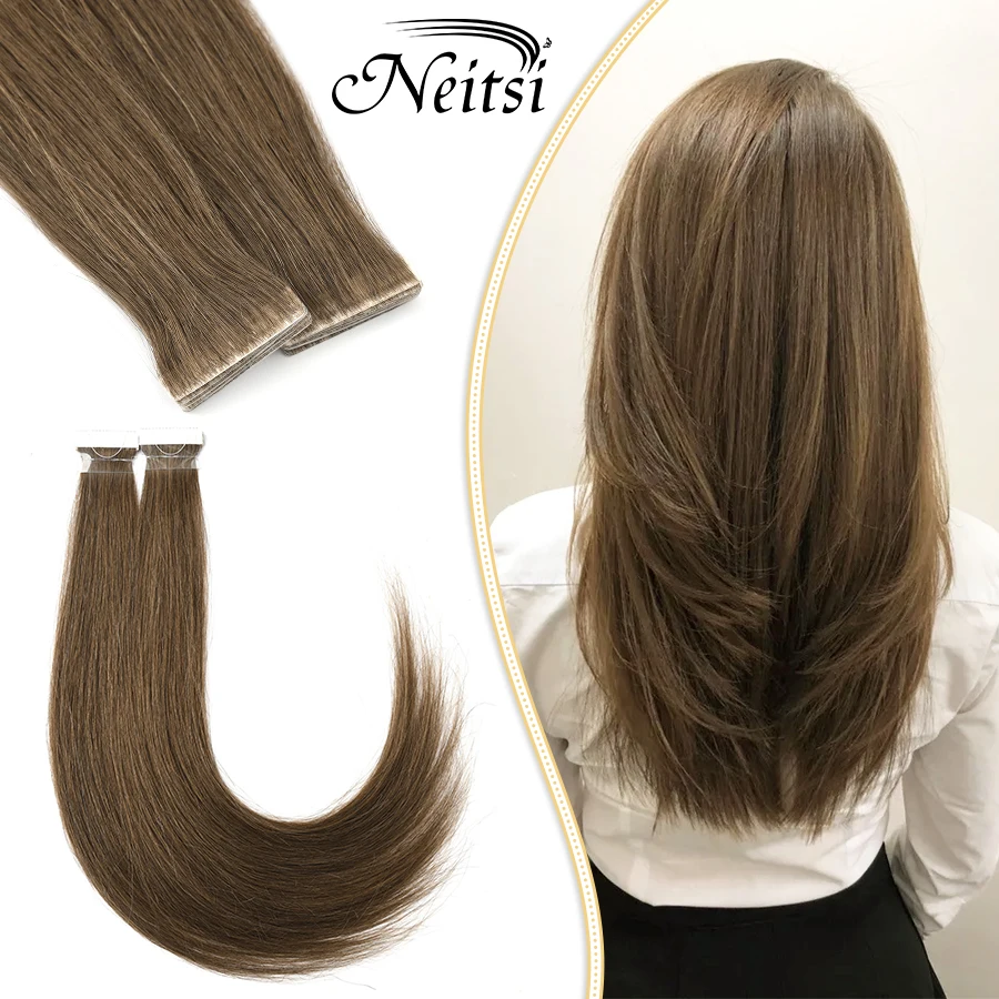 Neitsi Virgin Hand Tied Invisible Tape In Human Hair Extensions PU Skin Weft Brown Color Seamless Injection Natural Tape Hair