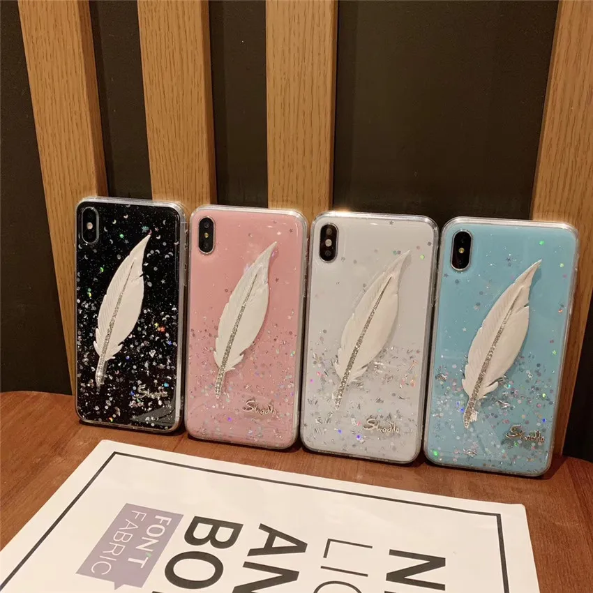 Чехол для телефона с блестками и перьями iPhone 7 6s 6 8 plus X Xr Xs Max задняя крышка
