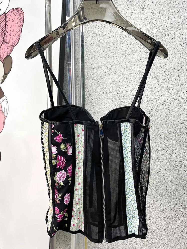 

Sexy Lace Print Stitching Camisole Slim Fishbone Corset 2021 Summer Women's Clothing Zipper Tight-Fitting Tops Fashion All-Match
