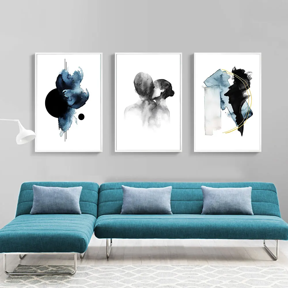 

Abstract Poster Black and Blue Canvas Painting Wall Art Print Couples Kisse Nordic Picture For Living Room On The Wall Home Dec