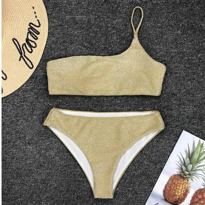 Женский бандажный комплект бикини с блестками пуш-ап на одно плечо подкладкой