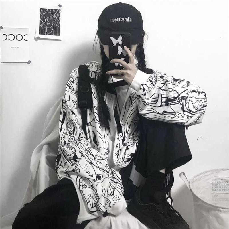 

Harajuku Women Hoodies Cartoon Printing Zip Up Loose Oversize Womens Sweatshirt Winter Plus Size Female Coat 2021 Autumn Tops