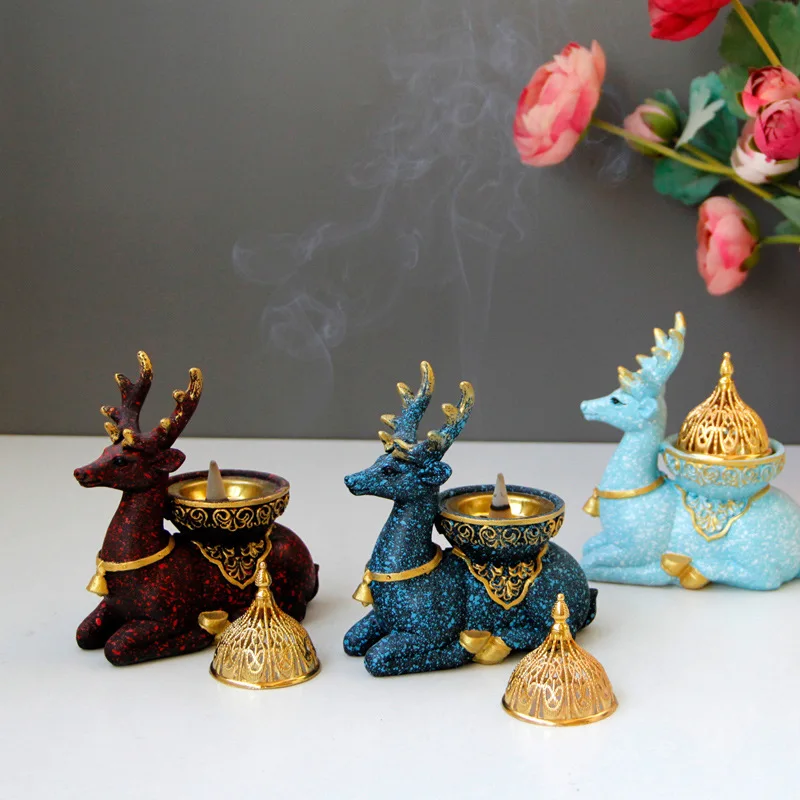 

Nordic Style Colored Marble Pattern Resin Reindeer Combination Golden Metal Incense Burner Middle East Arabian Aroma Diffuser
