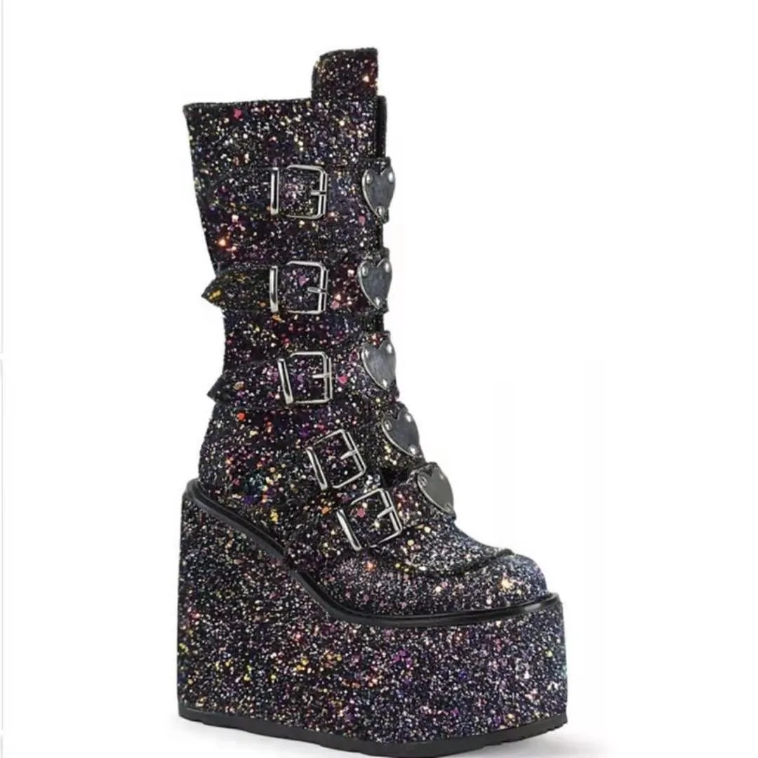 

2021 Fashion Gothic Street Cool Wedges Woman Shoes Buckles Big Size 43 Glittered Pink Chunky Platform Motorcycles Boots A5-80