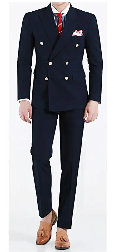 Темно синие двубортные мужские костюмы из двух предметов с острым отворотом
