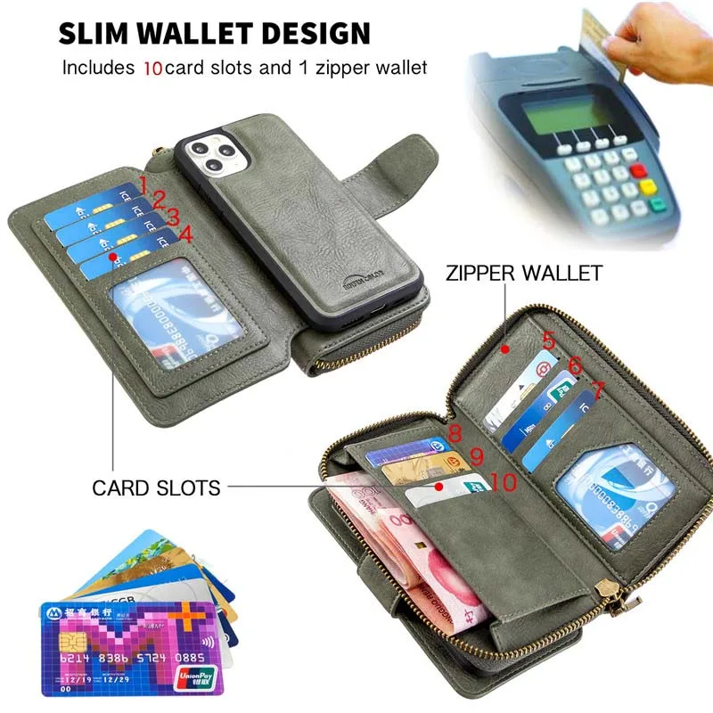 

2 in 1 Leather Case Zipper Wallet Magnetic Cover Card Slot For iPhone 11promax 11 11Pro XSMax XR XS X 6 6Plus 7 7Plus 8