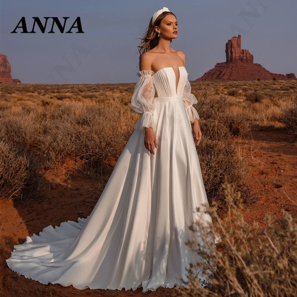 

Женское атласное свадебное платье Anna Beauty, простое платье принцессы без бретелек на шнуровке, Пляжное вечернее платье, 2021
