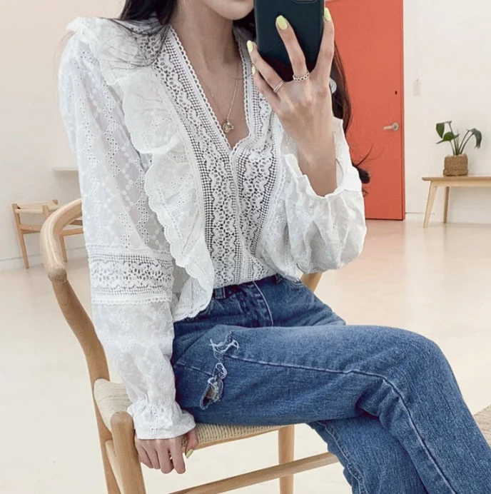 

Hollow Lace Out White Blouse V-neck Long Sleeve Ruffled Solid Spring Summer Sweet Casual Sexy Slim Fashion Female Chic Crop Top