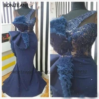 2021 long sleeve evening dress long navy blue v neck floor length lace up elastic satin evening prom party gowns