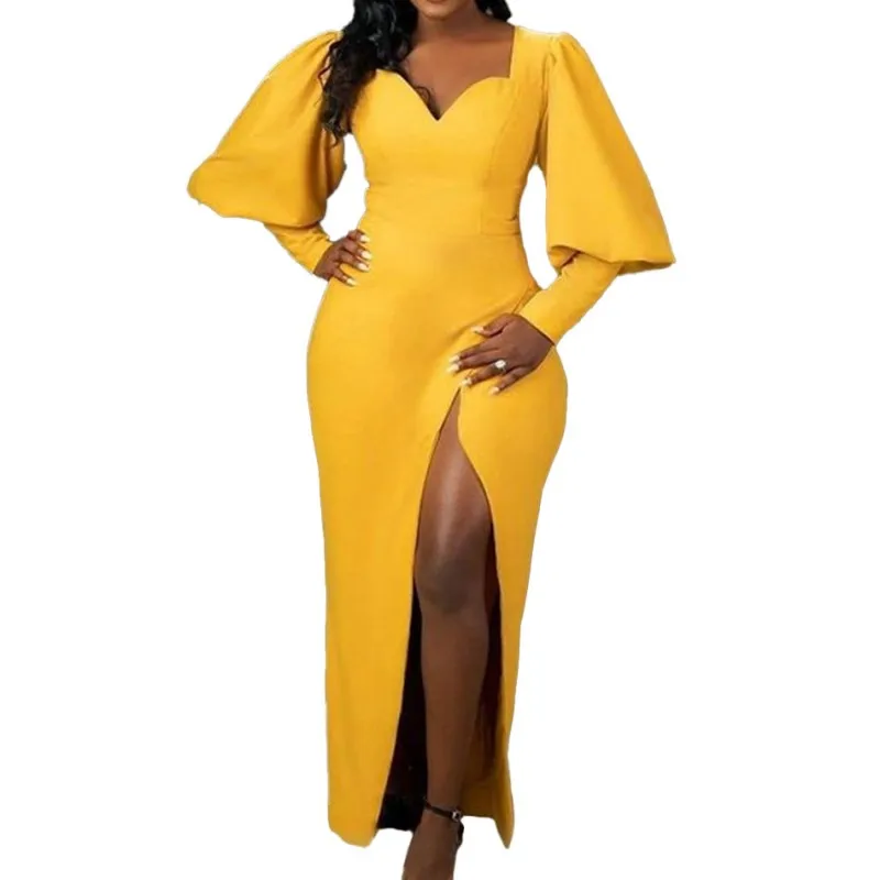 

African Long Dresses For Women Lantern Sleeve Square Collar Robes Autumn New Solid Empire Split Sexy Elegant African Party Dress