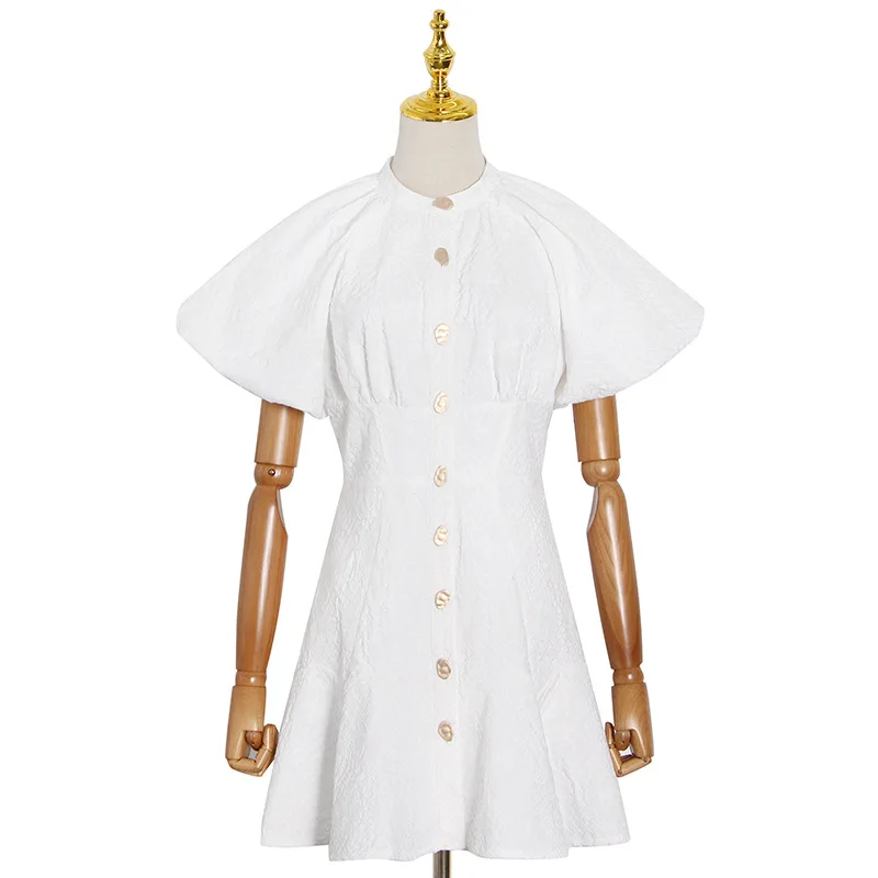 

Stylish 2021 Spring New Sexy Flare Sleeve Single Breasted O-neck High Waist Women Short Dress Splicing Ruffles F055