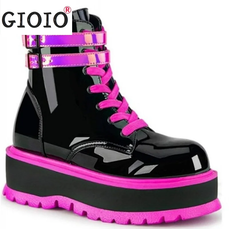 

2021 Brand Design New Goth Shoes Women Platform High Wedges Thick Bottom Punk Street Green Patent PU Trendy Boots Laides