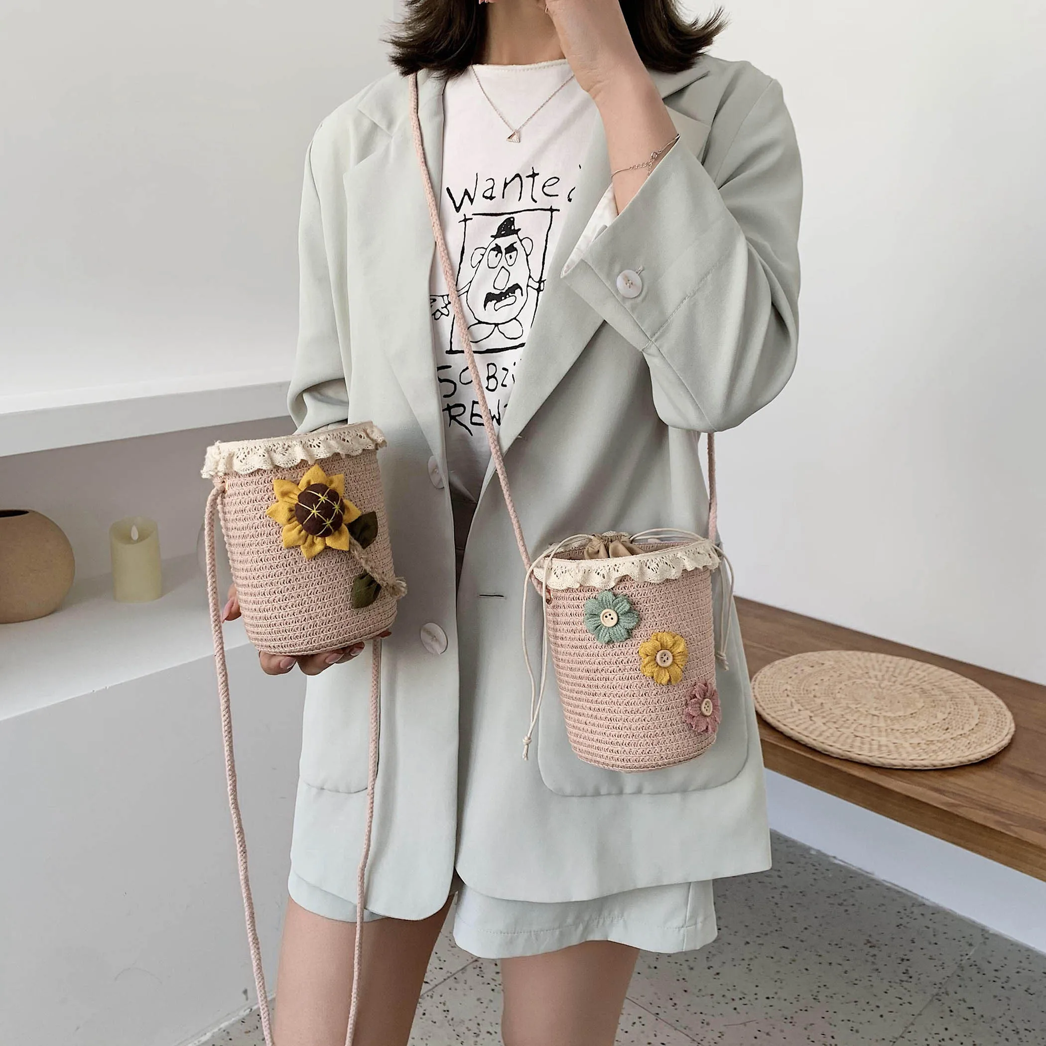Сумка-ведро из искусственной соломы с цветами летняя пляжная сумка-мессенджер