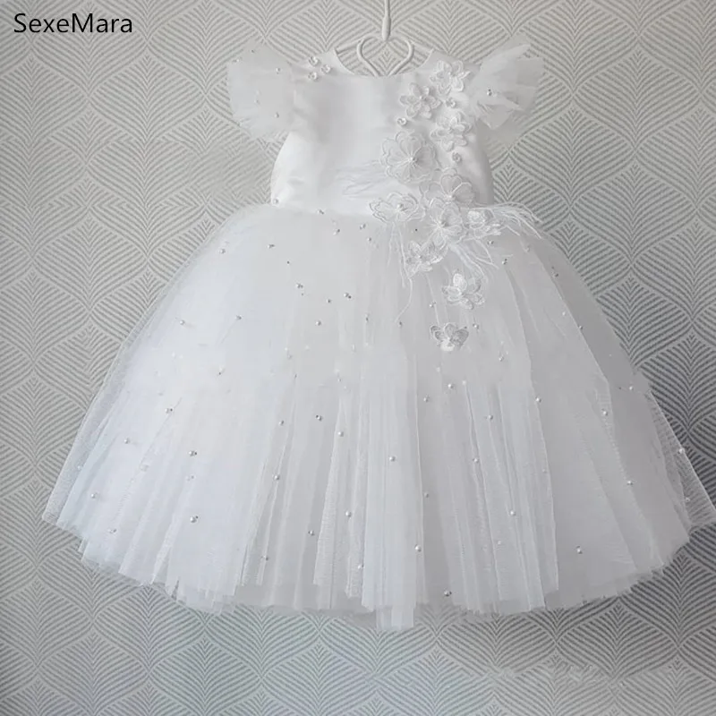 Real White Infant Girl Christening Dress Princess Birthday Dress Pearls Puffy Flower Girl Dress Photoshoot 1-14Y