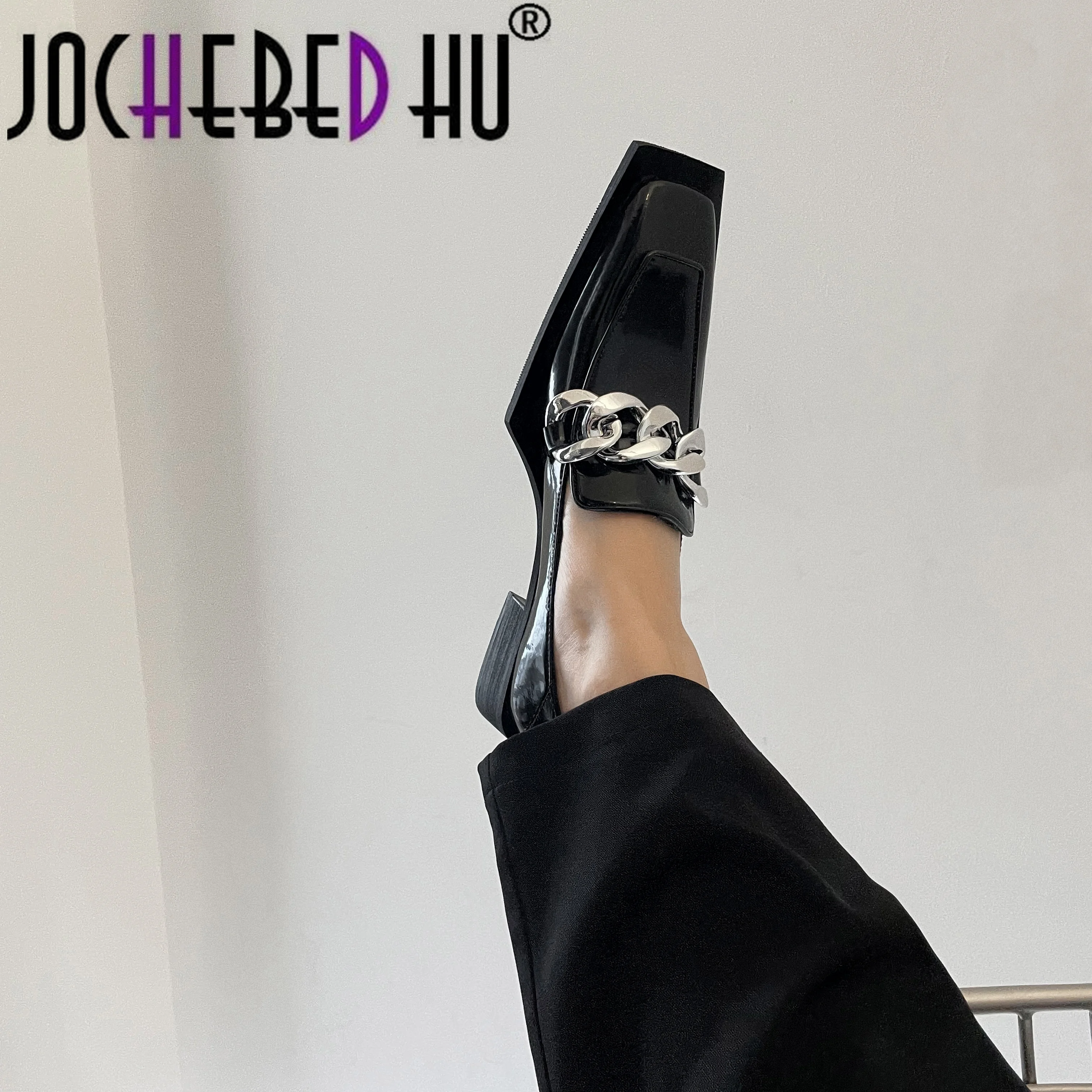 

【JOCHEBED HU】Natural Genuine Leather High Heel Shoes Women Square Toe Pumps Chain Chunky Heels Footwear Slip On Dress Shoes