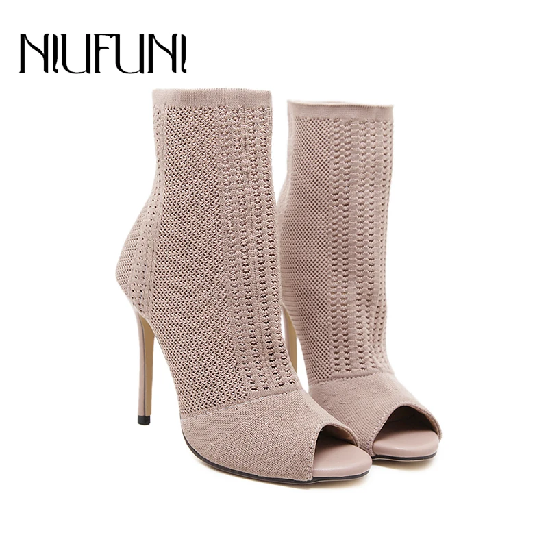 Женские сапоги на шпильке из эластичной ткани Вязаные с открытым носком высоком