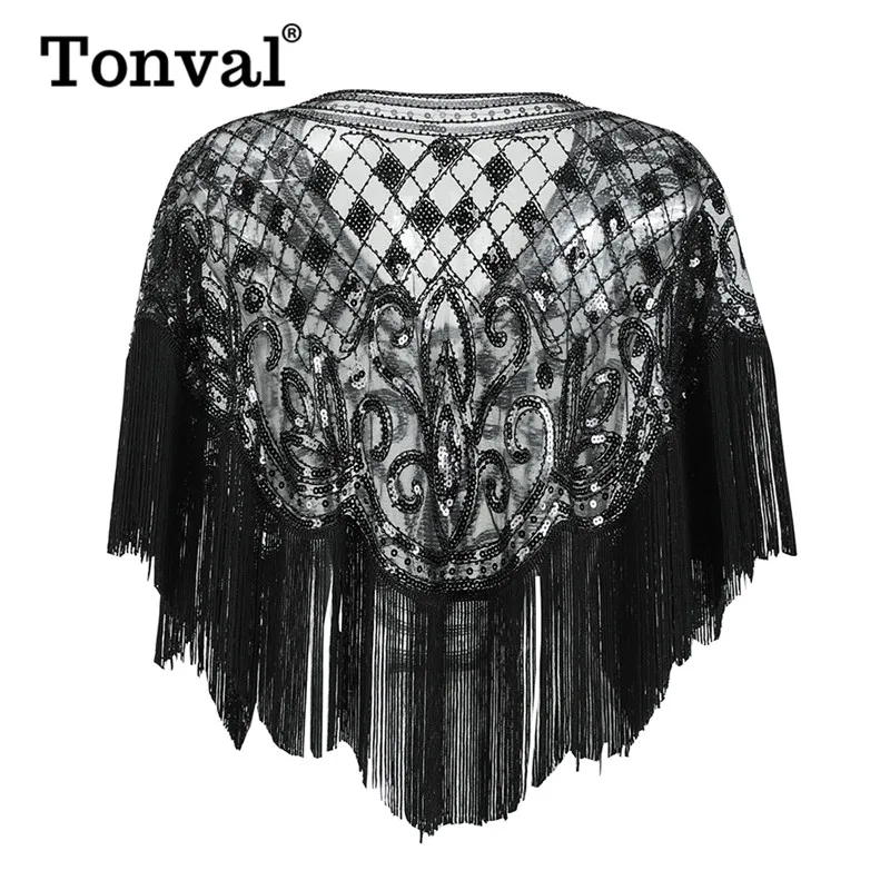 Tonval Vintage Sequin 1920s Flapper Fringe Beaded Luxury Shawl Women Cover Up Party Elegant Mesh Wraps Ponchos and Capes