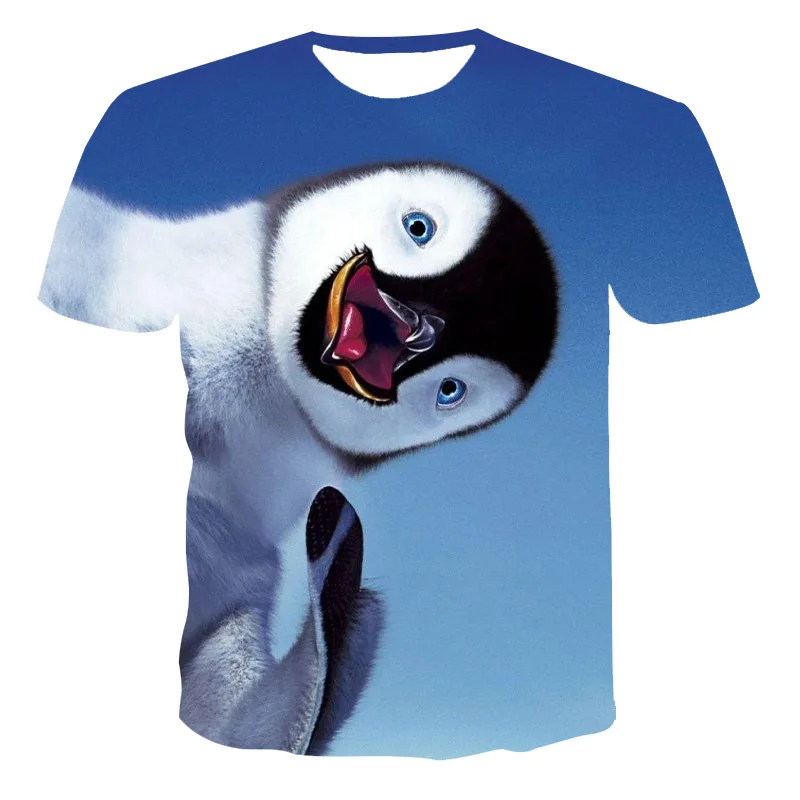 

2021 Summer Children T-shirt 3D Penguin Printing Animal O-Neck Short-Sleeve Tshirts Comfortable Tshirt Loose Boy And Girl 4T-14T