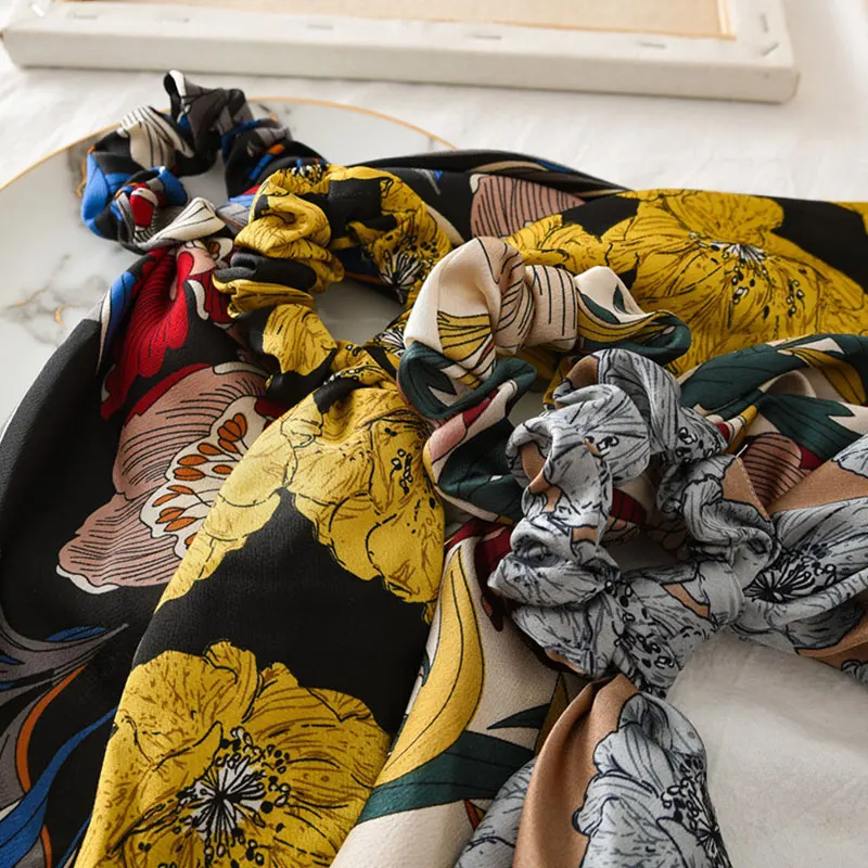 Богемные резинки для волос с бантом винтажные цветочным принтом атласный шарф