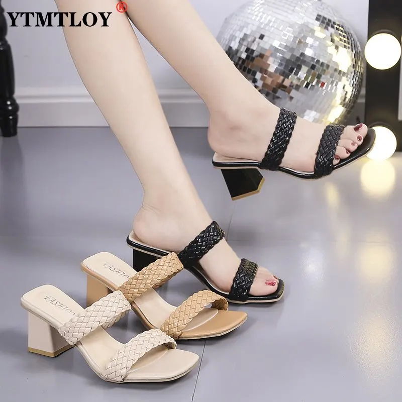 

New Square High Heels Slippers Summer Women Square Toe Sandals Ladies Pu Leather Plaid Outside Female Fashion Woman Shoes Mules