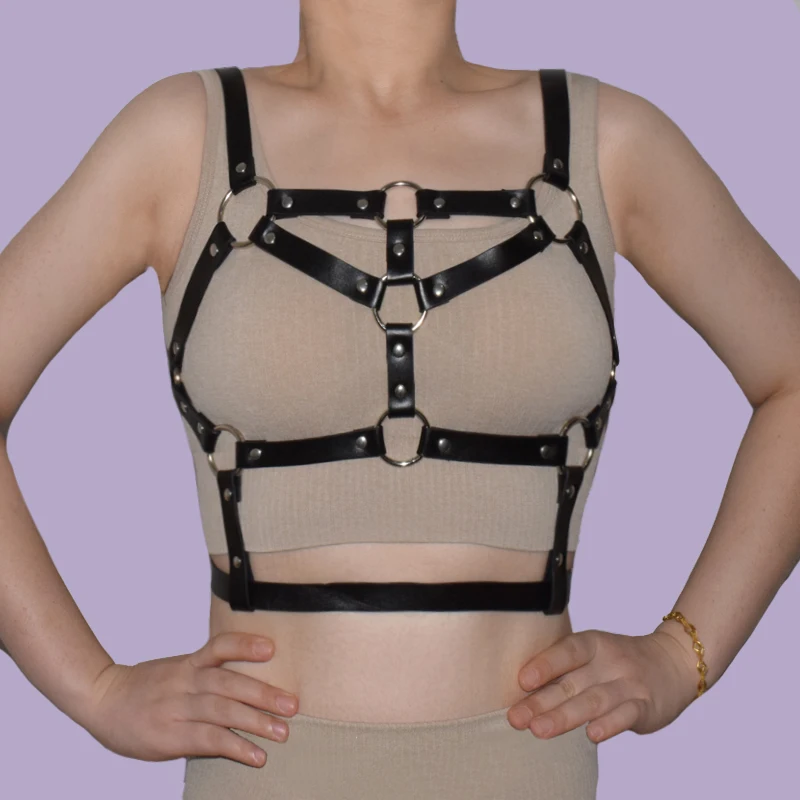 2 Pcs Set Sexy Women Leather Body Harness Bra Chest Bondage Lingerie Cage Bra Punk Gothic Ladies Garter Belts Suspenders