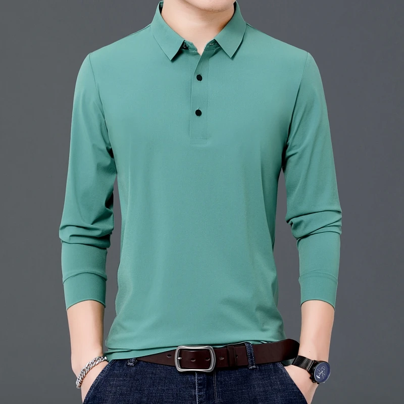 

Рубашка-поло мужская, с длинным рукавом, приталенная, однотонная, весна-осень, 2021