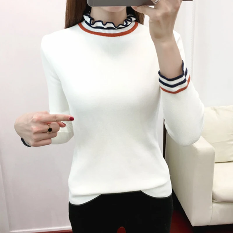 Knitted Women Solid Sweaters And Ruffled Collar Long Sleeve Casual Pullovers Sueter Mujer Tops Winter Sweet Korean Jumper
