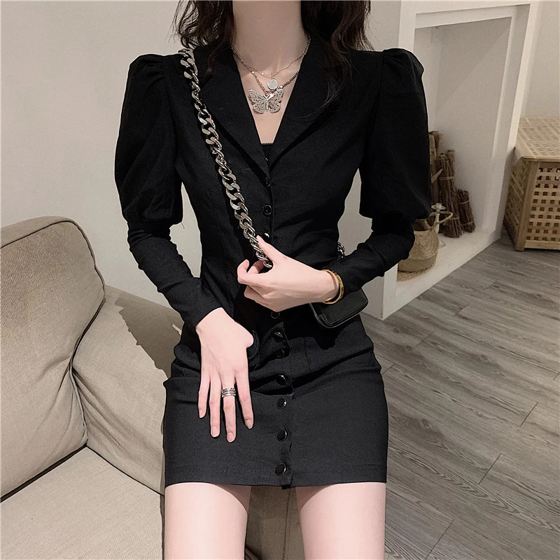 

V Neck Black Puff Sleeve Elegant Blazer Women Dress