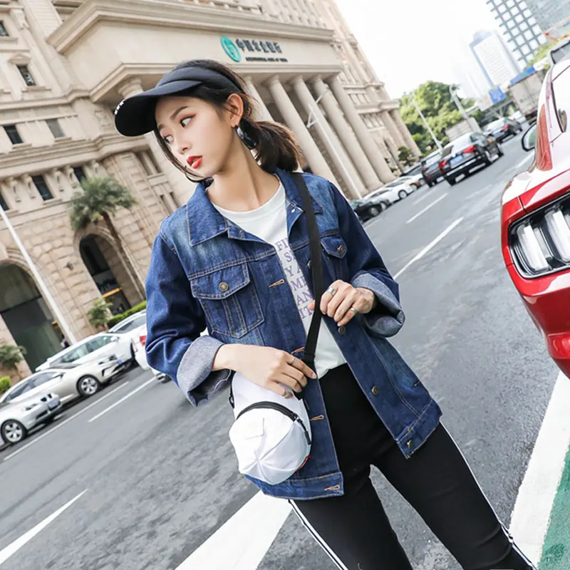 Женская джинсовая куртка на пуговицах Повседневная синяя большого размера с