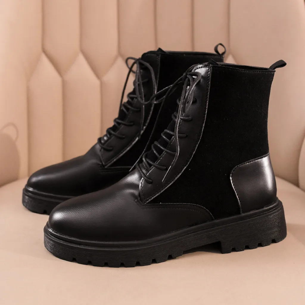 

2019 Winter Ankle Boots Woman Ladies Fashion Round Toe Casual Shoes Female Lace Up Black Leather Flats Short Boots Bota Feminina
