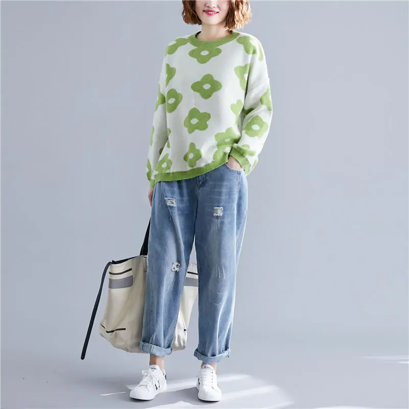 HG Flower Pattern Women Sweater Korean Style Knitwear Sweaters and Pullovers Plus Size Tops Autumn Winter New 2019 XJ1847 | Женская