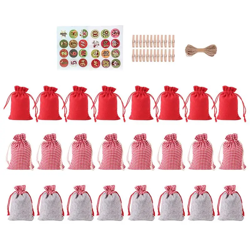 

1 Набор рождественских подарочных пакетов с обратным отсчётом тканевых пакетов на шнурке (разные цвета)