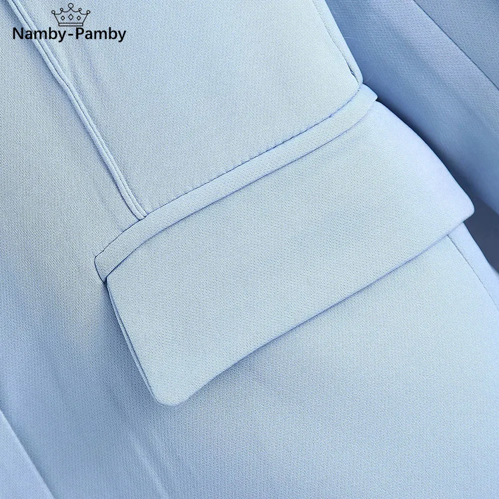 

Women Fashion Slim Blue V-Neck Office Lady Suit Female Single Breasted Blazer Suits Ladies Vintage Two Pieces Set