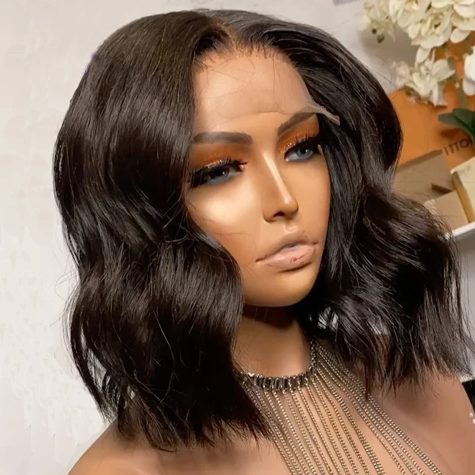 

14 Inch Soft Blunt Cut Short Bob Glueless Lace Front Wig For Black Women Natural Body Wave Synthetic With Baby Hair Preplucked