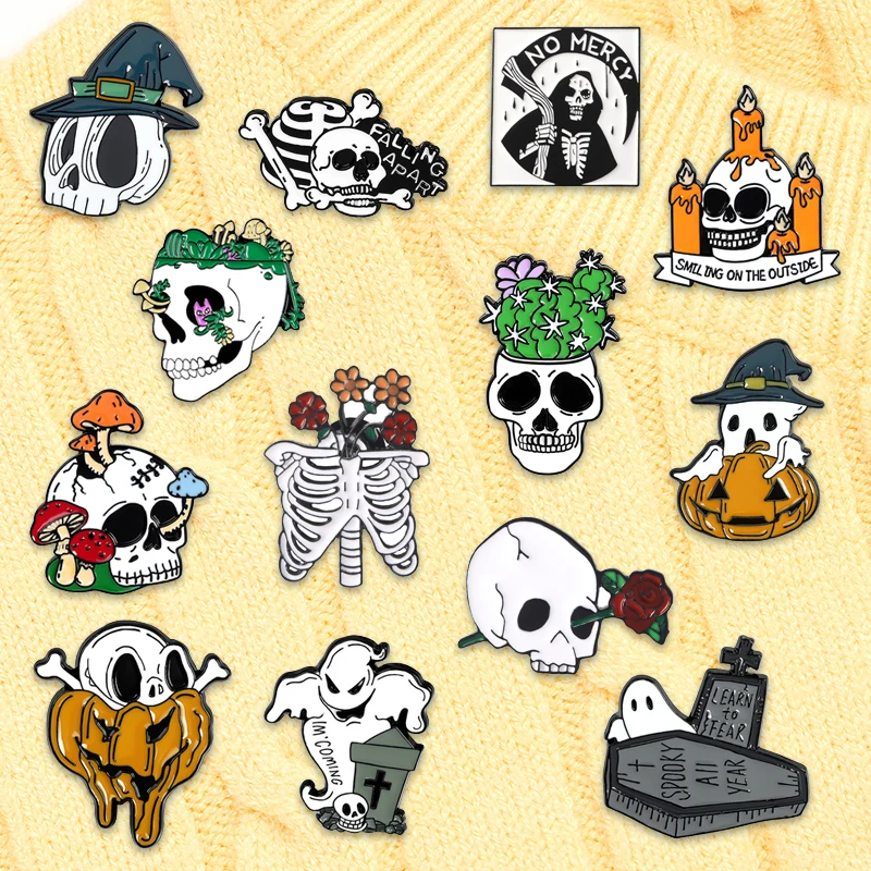 

Skull Skeleton Grave Enamel Pins Cactus Mushroom Pumpkin Halloween Series Brooches Bag Lapel Pin Gothic Punk Badge Jewelry Gifts