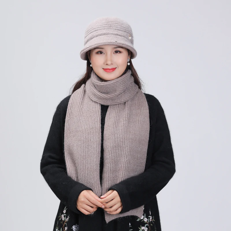 

New Winter Women Rabbit Fur Hat Scarf Set Lady Warm Knitted Basin Cap Crochet Beanie Elegant Mother Caps Scarf Shawl Gift