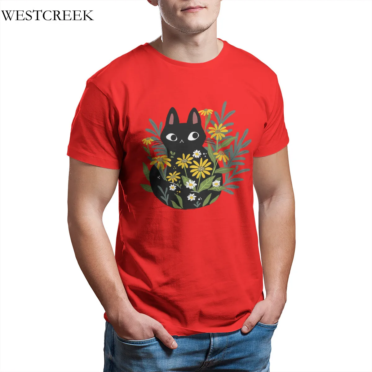 

Wholesale Men's T-Shirt Black Cat In The Flowers Custom Short Sleeve Anime Men Clothing 34821
